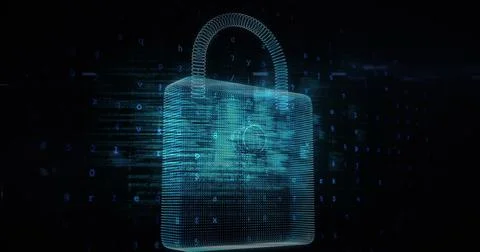 Image of cyber attack warning and padlock over silhouettes of people in server Stock Illustration