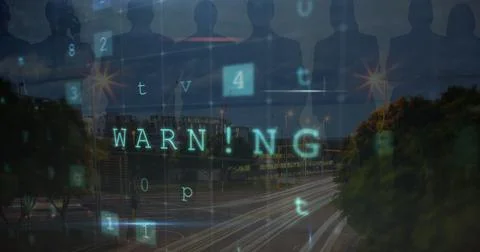 Image of cyber attack warning and people silhouettes over cityscape Stock Illustration