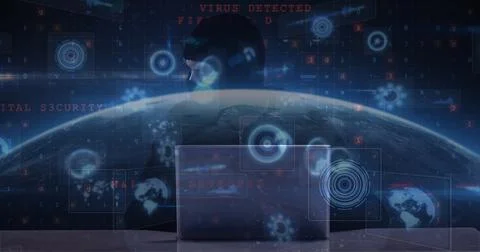 Image of cyber attack warning and scopes scanning over hacker using laptop Illustrazione stock