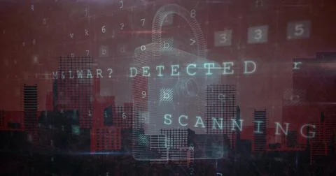 Image of cyber attack warning and padlock icon over cityscape on red background Stock Illustration