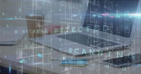 Image of cyber attack warning and data processing over laptop Stock Photos