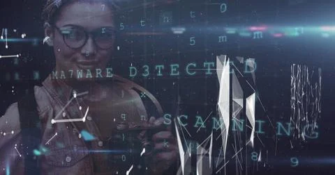 Image of cyber attack warning and data processing over female photographer Stock Photos