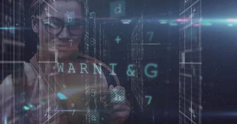 Image of cyber attack warning and data processing over female photographer Stock Photos