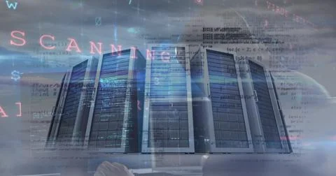 Image of cyber attack warning and data processing over computer servers Stock Photos
