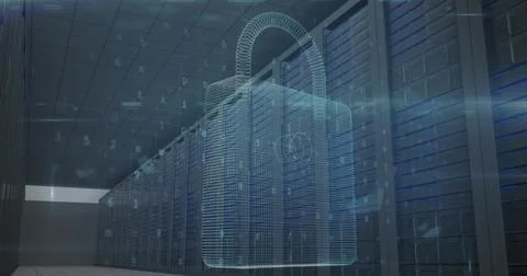 Image of cyber attack warning and padlock over server room Stockfoto's