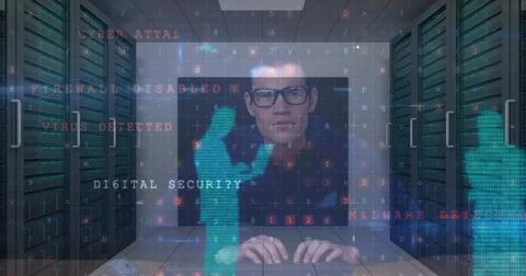 Image of cyber attack warning and data processing over male hacker and computer Stock Photos