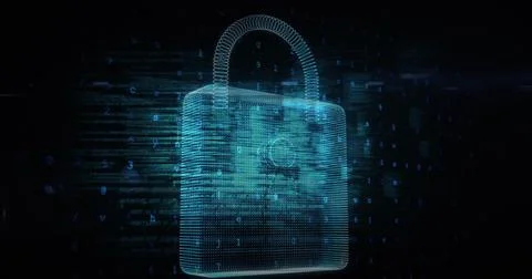 Image of cyber attack warning and padlock over silhouettes of people in server Stockfoto's