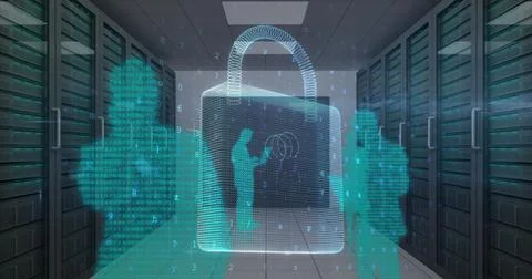 Image of cyber attack warning and padlock over silhouettes of people in server Foto stock