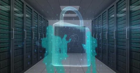 Image of cyber attack warning and padlock over silhouettes of people in server Foto stock