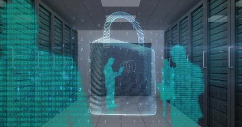 Image of cyber attack warning and padlock over silhouettes of people in server 스톡 사진