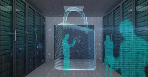 Image of cyber attack warning and padlock over silhouettes of people in server 스톡 사진