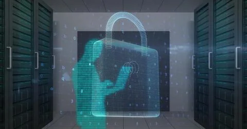 Image of cyber attack warning and padlock over silhouettes of people in server Stockfoto's