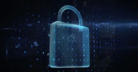 Image of cyber attack warning and padlock icon over server room Stockfoto's