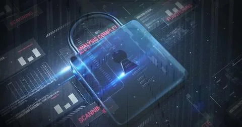 Image of cyber attack warning and padlock icon over server room Stock Photos