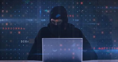 Image of cyber attack warning and hacker over caucasian man in server room 写真素材