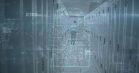 Image of cyber attack warning and padlock over caucasian man in server room Stockfoto's