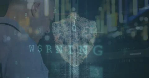 Image of cyber attack warning and data processing with shield icon over Stock Photos