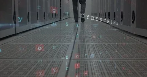 Image of cyber attack warning, data processing over computer servers and male it Stock Photos