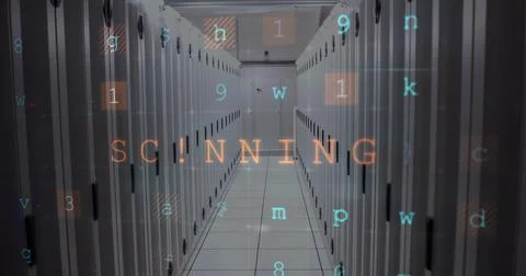 Image of cyber attack warning with letters and numbers over server room Stock Illustration