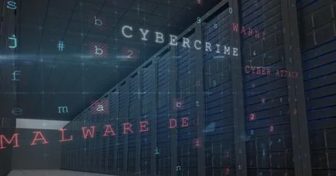 Image of cyber attack warning with letters and numbers over server room Foto stock