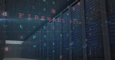 Image of cyber attack warning with letters and numbers over server room Stock Photos