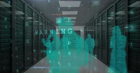 Image of cyber attack warning over silhouettes of people in server room Stock Illustration
