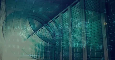Image of cyber attack warning over server room Stock Illustration