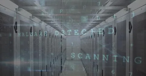 Image of cyber attack warning over server room Stock Illustration