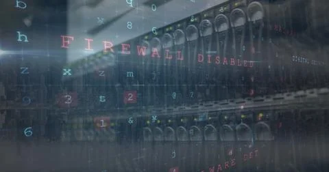 Image of cyber attack warning over server room Stock Illustration