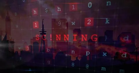Image of cyber attack warning over cityscape on red background Stock Illustration