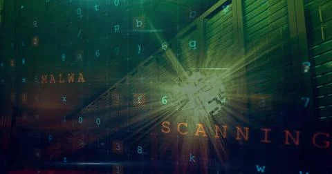 Image of cyber attack warning over server room Stock Illustration