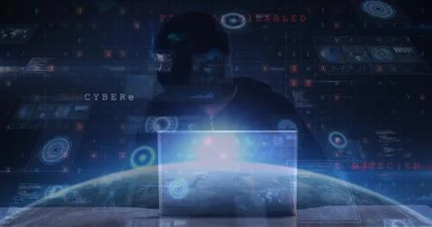 Image of cyber attack warning over scopes scanning and hacker Illustrazione stock