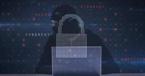 Image of cyber attack warning over online security padlock and hacker Stock Illustration