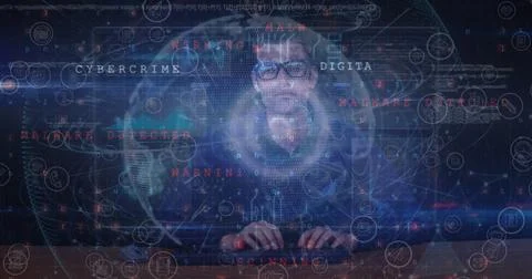 Image of cyber attack warning over hacker, globe and data processing イラスト素材