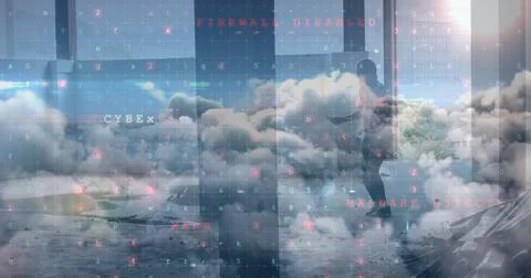 Image of cyber attack warning over clouds and man skipping with skipping rope 스톡 일러스트