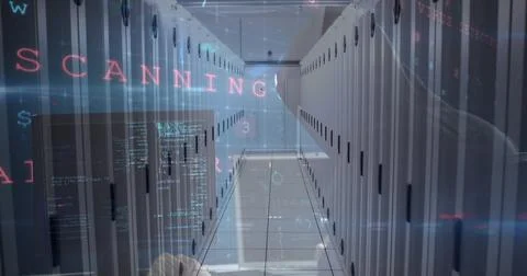 Image of cyber attack warning over hacker in server room Stock Photos