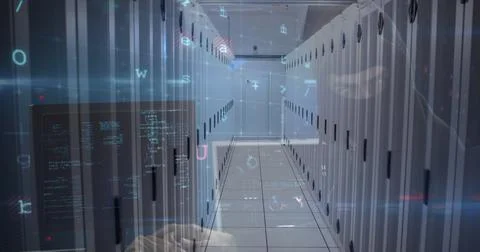 Image of cyber attack warning over hacker in server room Stock Photos