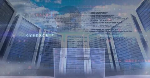 Image of cyber attack warning over hacker in server room 写真素材