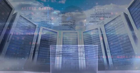 Image of cyber attack warning over hacker in server room Stock Photos