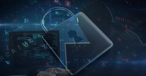 Image of cyber attack warning over online security padlock and hacker Stockfoto's