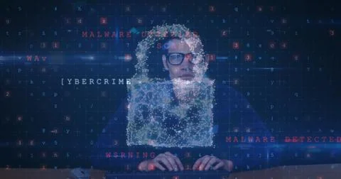Image of cyber attack warning over online security padlock and hacker Stockfoto's