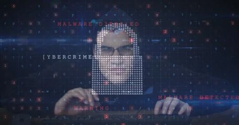 Image of cyber attack warning over online security padlock and hacker Stockfoto's