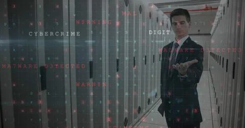 Image of cyber attack warning over caucasian businessman in server room 스톡 사진