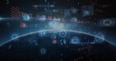 Image of cyber attack warning, scopes scanning and data processing over globe イラスト素材