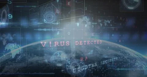 Image of cyber attack warning, scopes scanning and data processing over globe Illustrazione stock