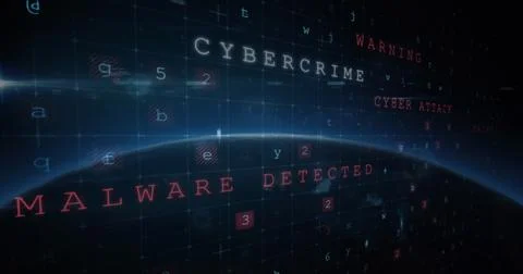 Image of cyber attack warning, scopes scanning and data processing over globe Stockfoto's