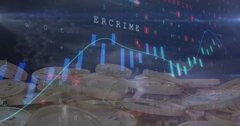 Image of cyber attack warning text over financial data processing and gold coins Illustrazione stock