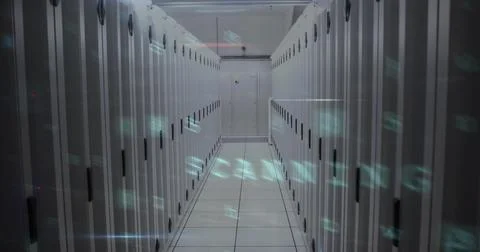 Image of cyber attack warning text and numbers processing over computer servers Stock Illustration