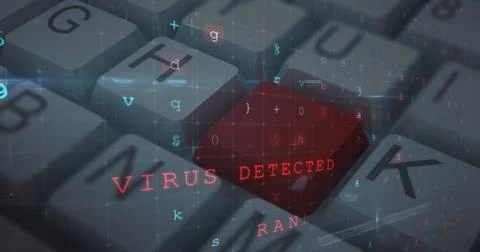 Image of cyber attack warning text over computer keyboard with red key on grey Stock Photos