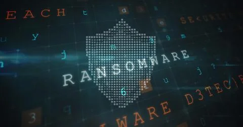 Image of cyber attack warning text, online security padlock and data processing Stock Photos